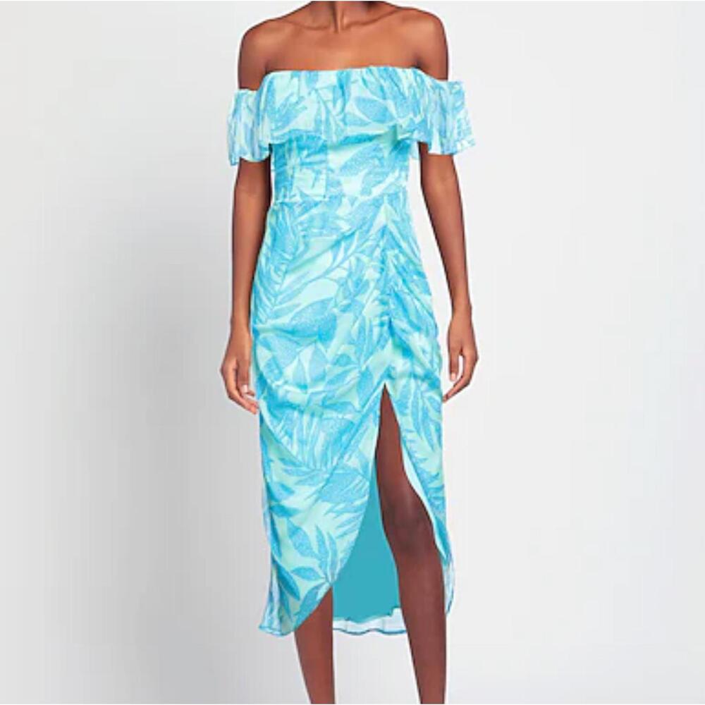AMANDA UPRICHARD blue green off the shoulder midi dress sz M